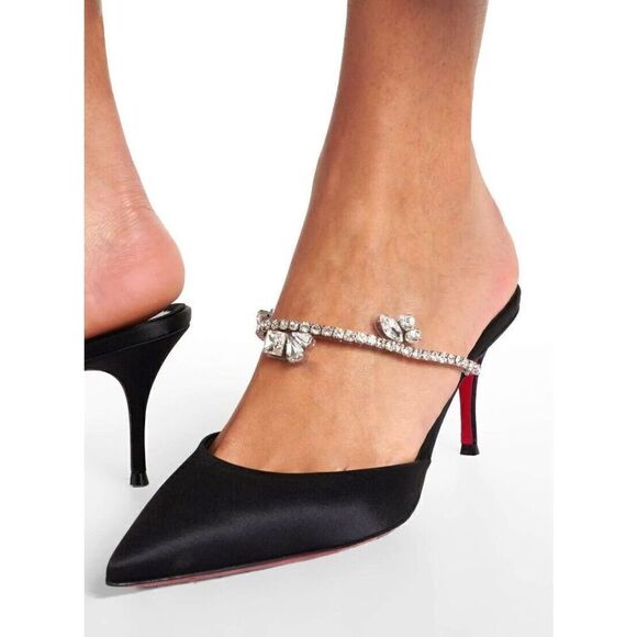 Christian Louboutin Shoes - Christian Louboutin Planet Queen Crystal Embellished Satin Mule Pumps Black 39